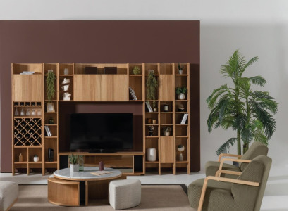 Living room furniture Set Designer Armchair 2x Wall unit Coffee table