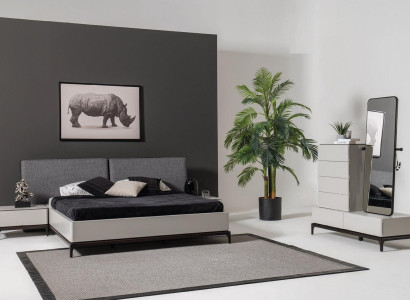 Modern black and white bedroom set (bed, two bedside tables, chest of drawers with mirror)