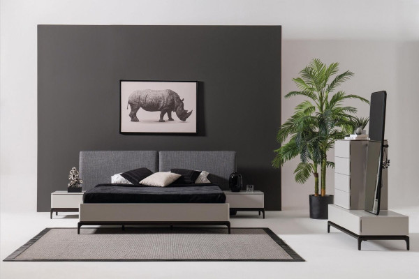 Modern black and white bedroom set (bed, two bedside tables, chest of drawers with mirror)