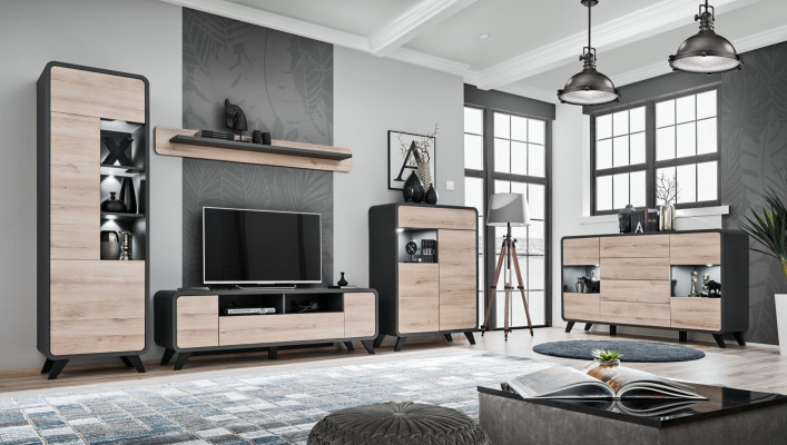Wall unit set 5 pieces living room TV lowboard display case shelf modern suite wooden furniture