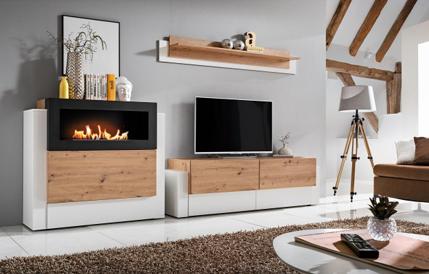 Designer White Wall unit Luxury Chest of drawers with Kamin Furnishings Living room furniture