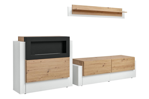 Designer White Wall unit Luxury Chest of drawers with Kamin Furnishings Living room furniture