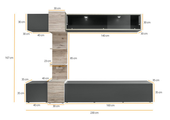 Designer Living room Modern Set Wall unit Wall Shelves Gray TV lowboard