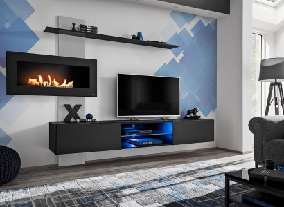 Black Wall unit with fireplace Living room Designer Modern Furniture TV Stand