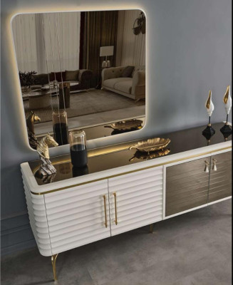 White -Gray Dining room Suite Wooden Table 6x Textile Chairs Sideboard 9pcs