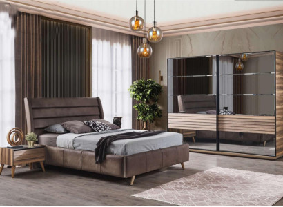 Modern Bedroom Furniture Upholstery Double bed Wood Bedside tables Wardrobe