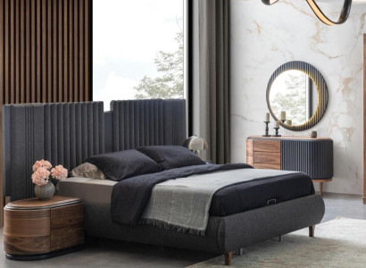 Modern Gray Bedroom Suite Textile Bed Wood Bedside tables Chest of drawers