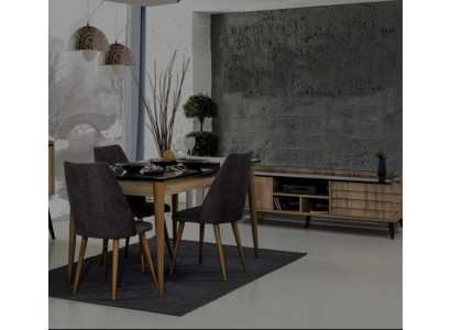 Dining room Group Designer Brown Dining table 4x Black upholstered chairs