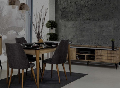 Dining room Group Designer Brown Dining table 4x Black upholstered chairs