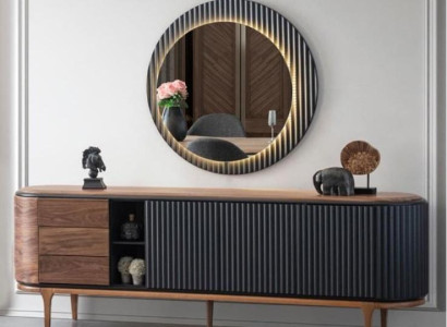 Stylish Suite Designer Brown Sideboard Round Mirror 2-Piece Wood Set