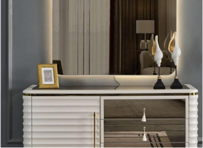 Stylish white chest of drawers with round LED mirror bedroom set 2 pieces