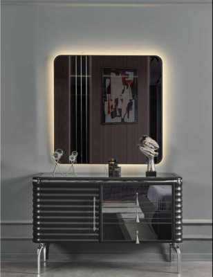 Black Bedroom Set Designer Chest of drawers with LED Mirror Suite