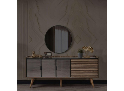 Brown Dining room Set Stylish Sideboard Round Mirror Wooden Furniture 2pcs