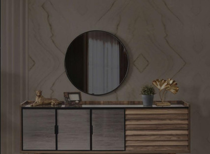 Brown Dining room Set Stylish Sideboard Round Mirror Wooden Furniture 2pcs
