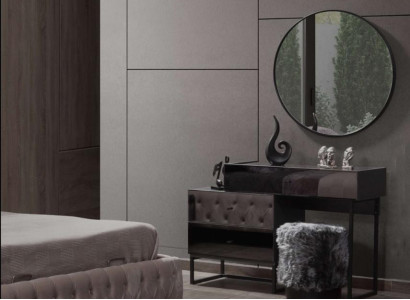 Designer gray dressing table round mirror upholstered stool luxury 3-piece set