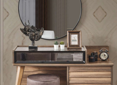 Brown Wood Dressing table with round mirror Designer Bedroom 2-piece Set Console