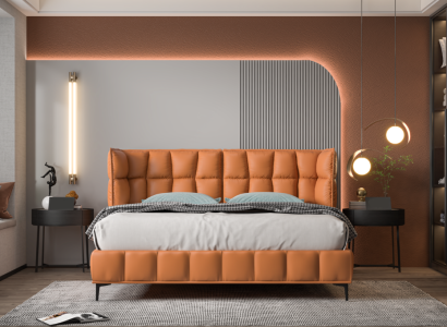 Orange Double bed Bedroom Furniture Textile Beds Wooden Frame Stylish