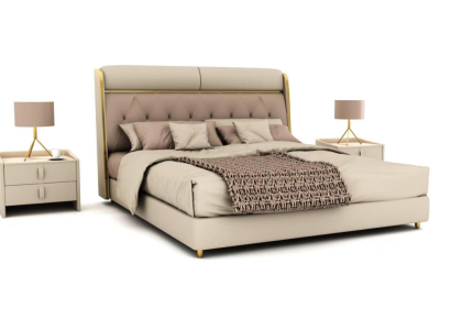 Stylish Beige Bedroom Bed Double bed Textile beds LED bed