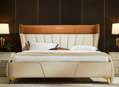 Bedroom Beiges Double bed Leather beds Wooden frame Textile Furniture