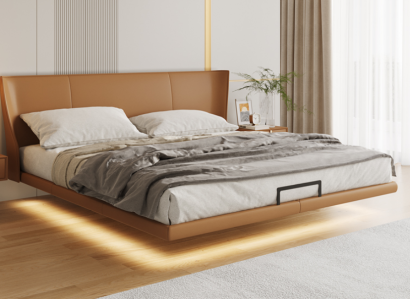Brown Wall Bed Designer Bedroom Furniture Wooden Frame Faux Leather Bed