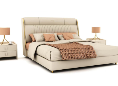 Beige Textile Bed Stylish Bedroom Furniture Designer Double Beds