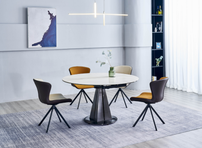 Modern dining set designer round table stylish 4x imitation leather chairs 5 pieces