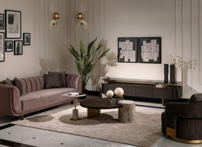 Living room Suite Sofa Armchair Brown Fabric Coffee tables Set 5pcs TV cabinet