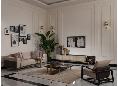 Complete e Living room Sofa Coffee tables 6-piece fabric sofa Beige Wood Modern