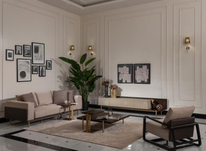 Complete e Living room Sofa Coffee tables 6-piece fabric sofa Beige Wood Modern