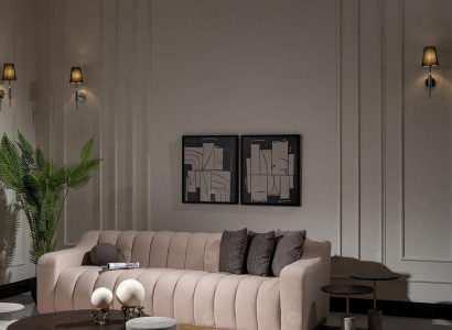 Suite Living room Three-seater Coffee tables 4-piece fabric sofa Beige Wood