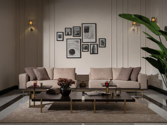 Living room Group Sofa Coffee tables 4-piece fabric sofa Beige Wood Modern