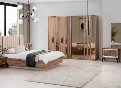 Luxury Double bed Bedroom Suite Bed Wood Set 7pcs Brown Modern