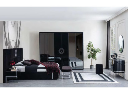 Large Black Bedroom Set Bed Bedside tables Wardrobe 7 pieces.