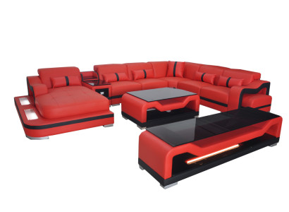Leather Sofa Couch Corner sofa Corner suite Living landscape + TV cabinet + Coffee table + USB