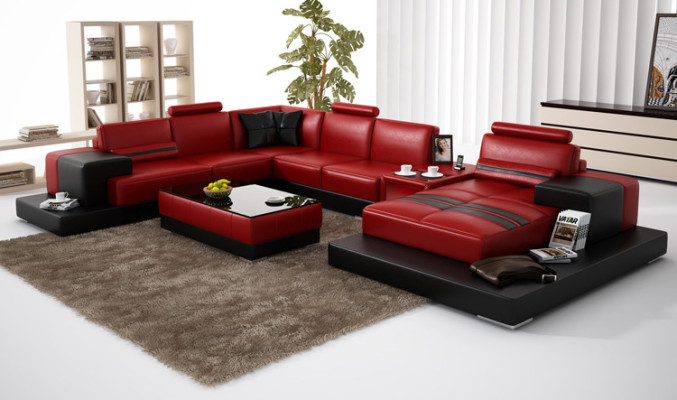 Leather sofa Couch Living landscape Corner sofa Corner Suite Design Modern Sofa + USB