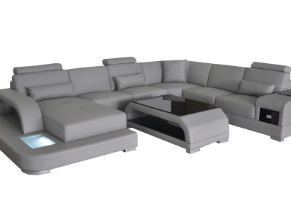 Leather sofa Living landscape Corner sofa Sitting area Sofa Couch + USB + Table