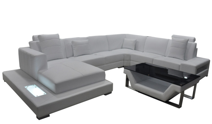Leather sofa Corner sofa Living landscape Couch Upholstery Corner suite Sitting area + Table +USB