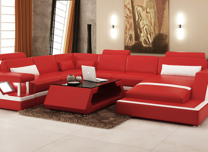 Design Leather Living landscape Corner Sofa Modern Suite Couch Corner Red USB + LED