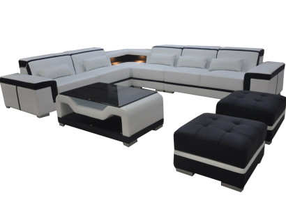 Leather Sofa with USB Upholstery Corner Couch Suite Living landscape Table Stool