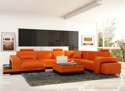 Design Leather Living landscape Corner Sofa Modern Suite Couch Corner new Orange USB