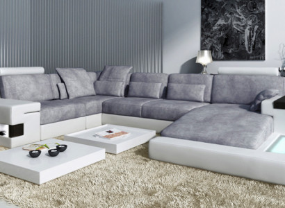 XXL Corner sofa U-shape Leather sofa Upholstery Couch Leather Textile USB Living landscape