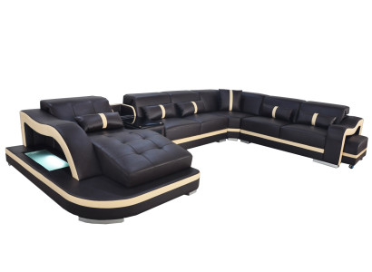Leather Couch Upholstery Seat Living landscape Modern Suite Sofa with USB U-shape LED