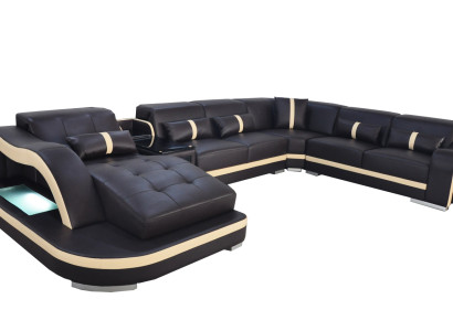 Leather Couch Upholstery Seat Living landscape Modern Suite Sofa with USB U-shape LED