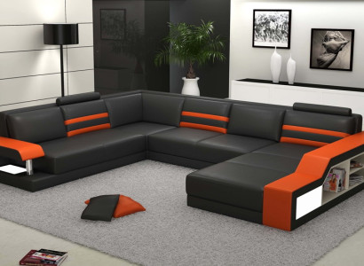 Designer sofa Corner sofa Couch Leather sofa Upholstery Seat Corner Suite with light PHX1