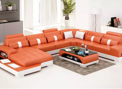 Modern sofa Corner sofa U-shape Coffee table Leather sofa Corner sofa Upholstery Orange luxury