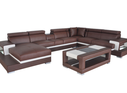 Design Leather Upholstery Seat Room Living Sofa Corner Couch Designer Suite +Table