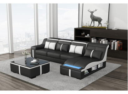 Design Corner Sofa USB LED + Table Upholstery Corner Seat Leather Suite Living landscape