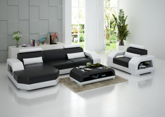 Leather sofa Couch Living landscape Corner sofa + 1 Seater Suite Design Modern G8001E