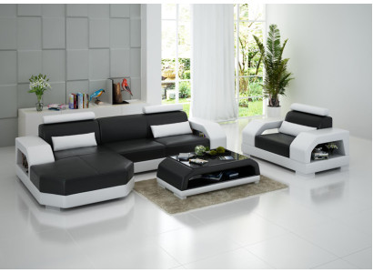 Leather sofa Couch Living landscape Corner sofa + 1 Seater Suite Design Modern G8001E