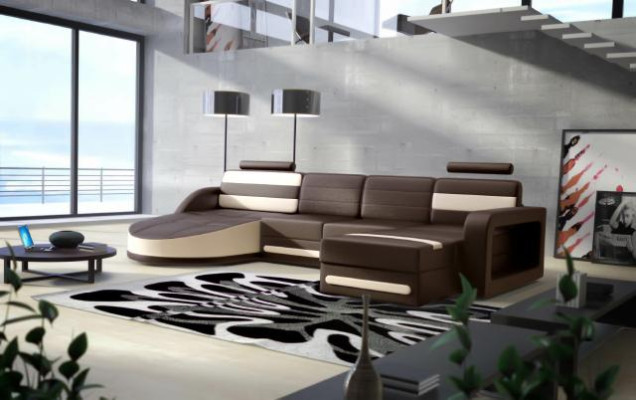 Living landscape COUCH Suite DESIGN Corner sofa Brown-Beige LEATHER SOFA XXL Corner sofa
